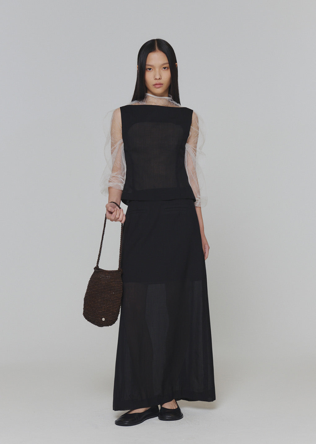 sheer maxi long skirt, black