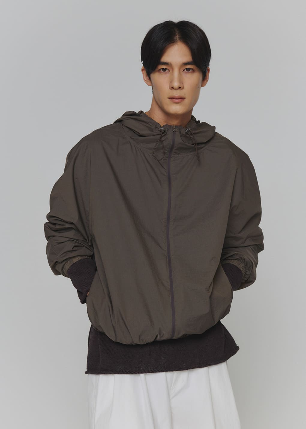sheer nylon raglan hooded jumper, brown