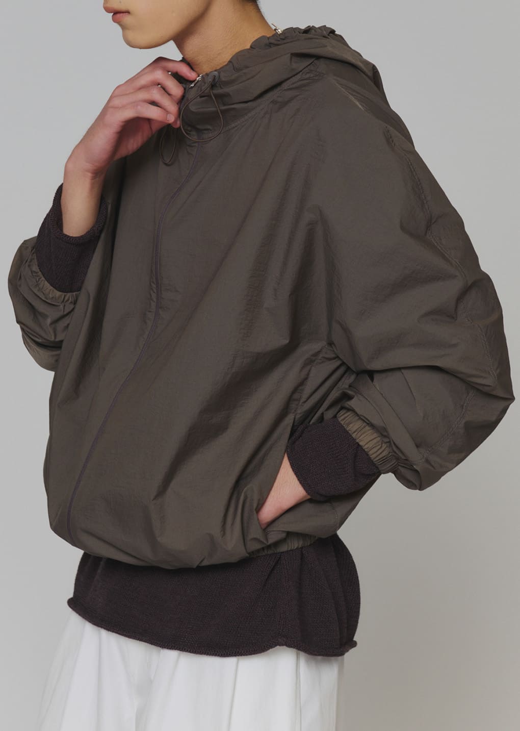sheer nylon raglan hooded jumper, brown
