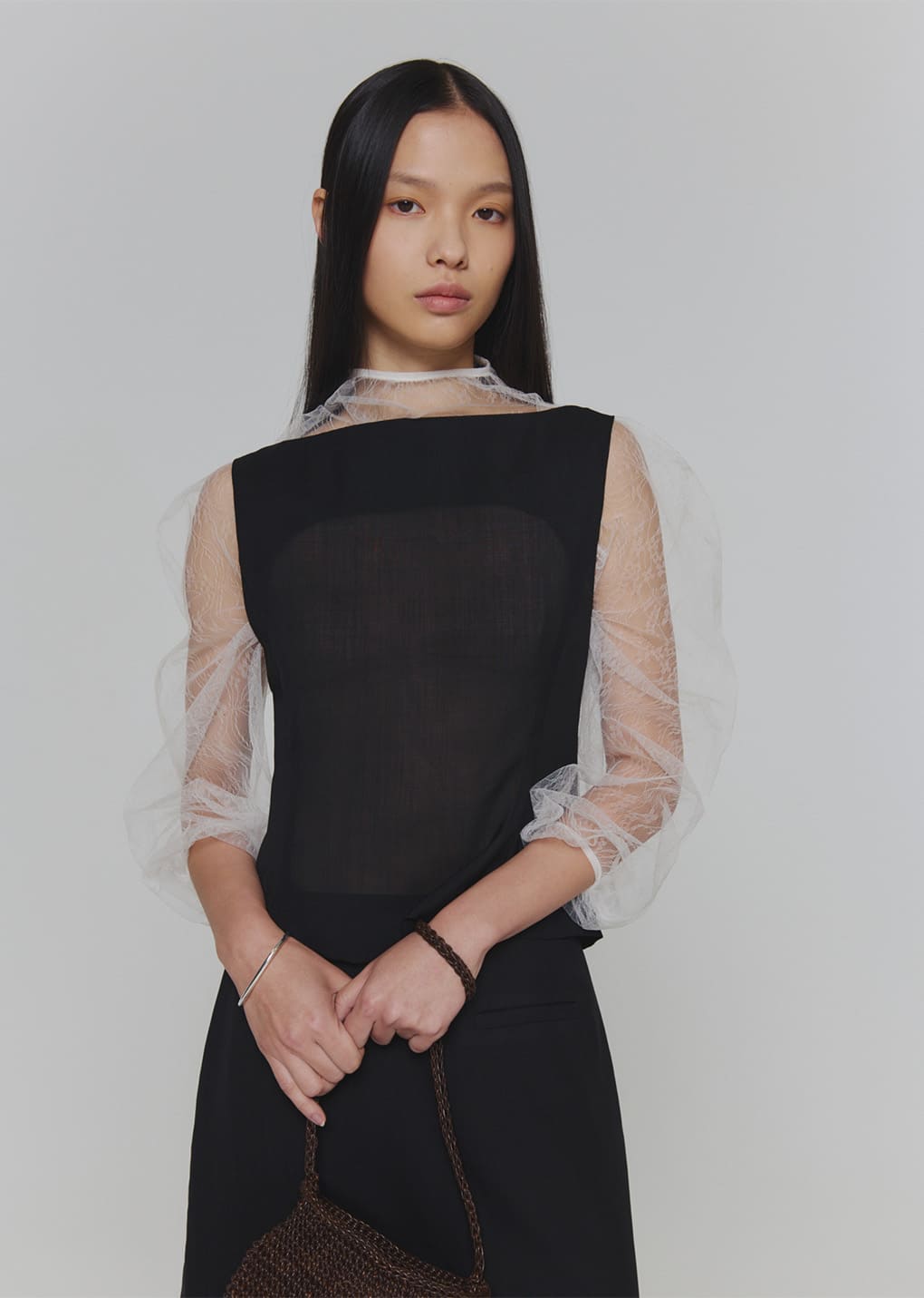 sheer scoop neck two way vest, black