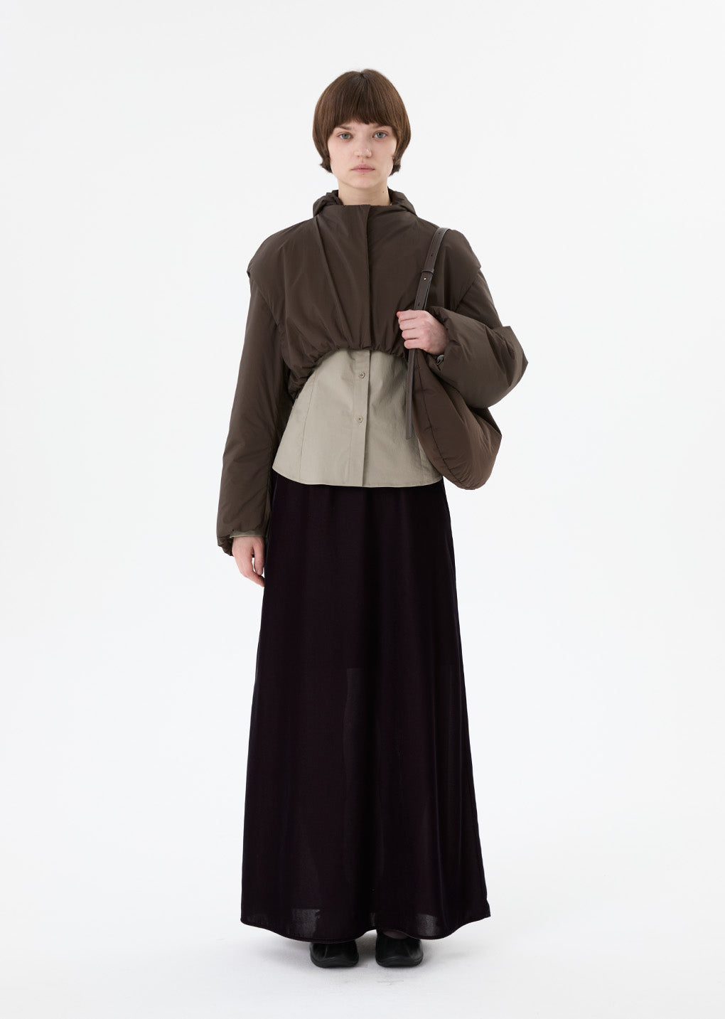 sheer nylon padded crop jumper, brown hover