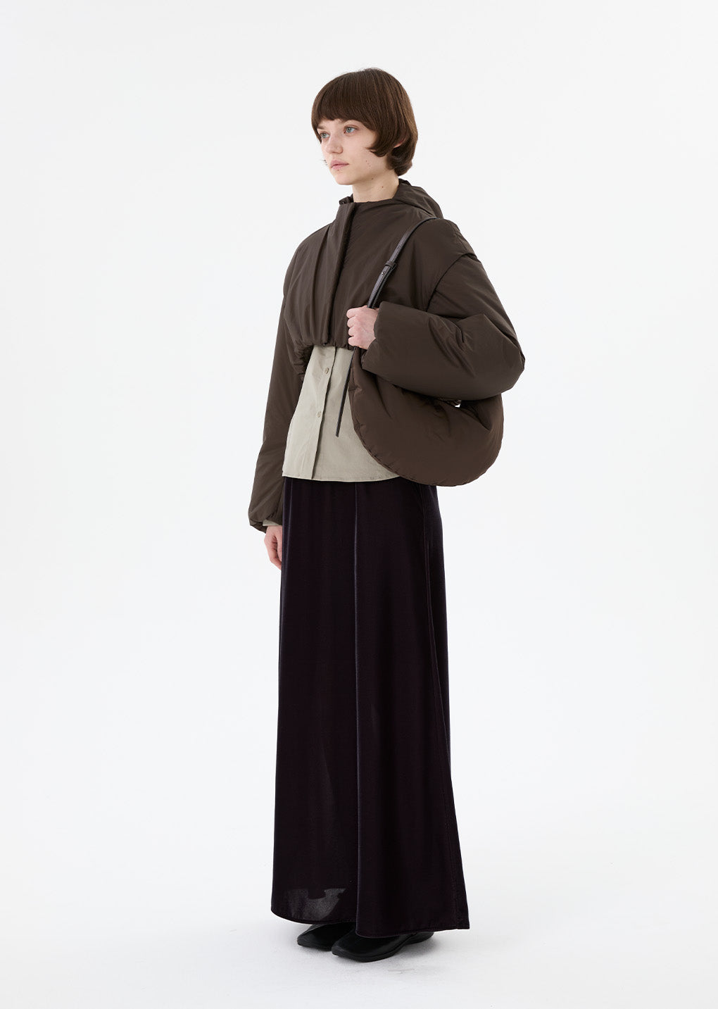 sheer nylon padded crop jumper, brown