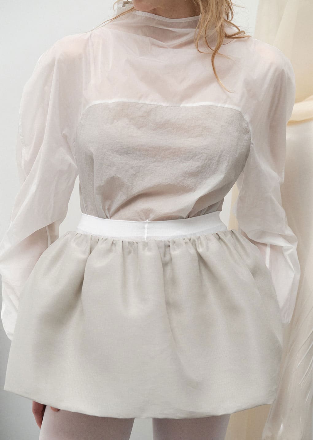 SHIRRING ORGANZA BELT SKIRT, BEIGE