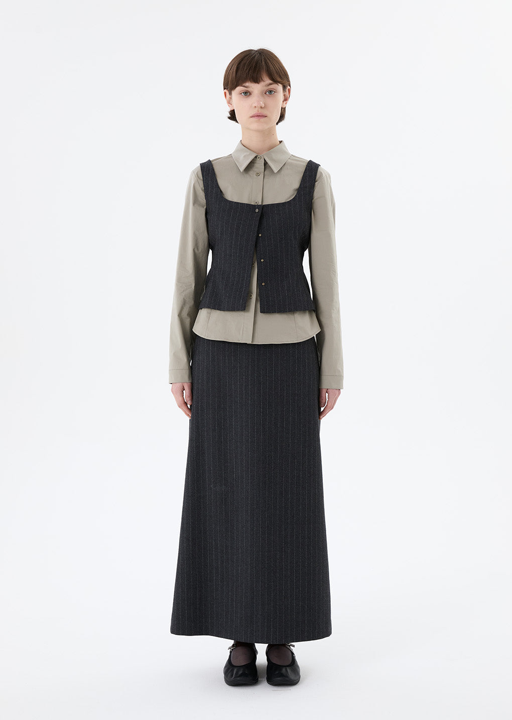 wool snap button down vest, stripe hover