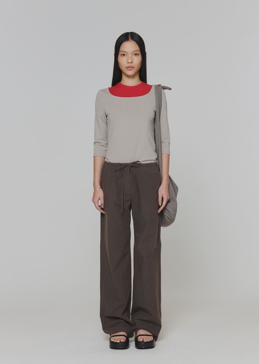 stripe banding pants, brown