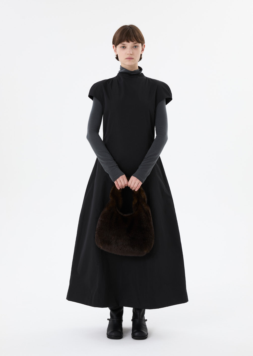 taffeta mock neck volume dress, black hover