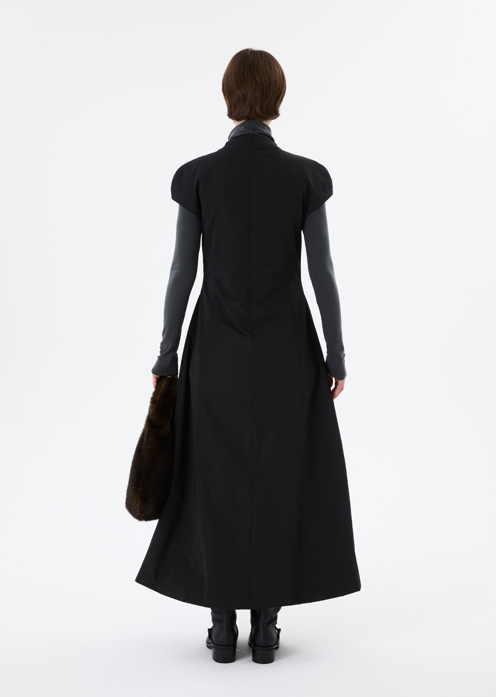 taffeta mock neck volume dress, black