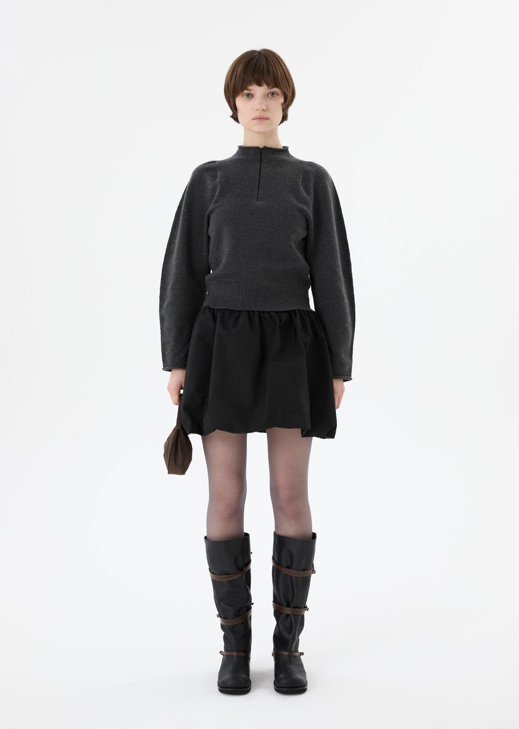 taffeta shirring mini skirt&top, black hover