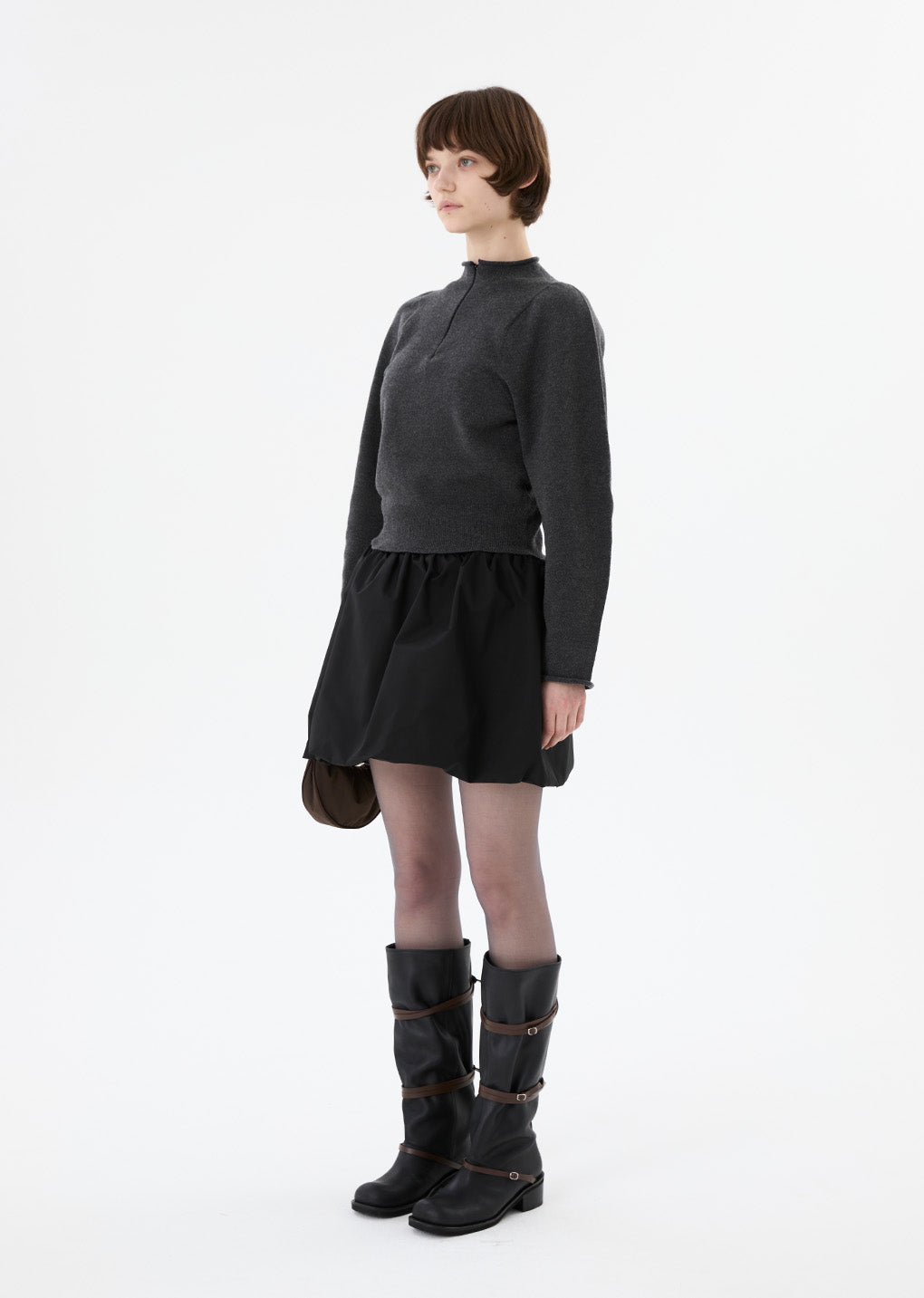 taffeta shirring mini skirt&top, black