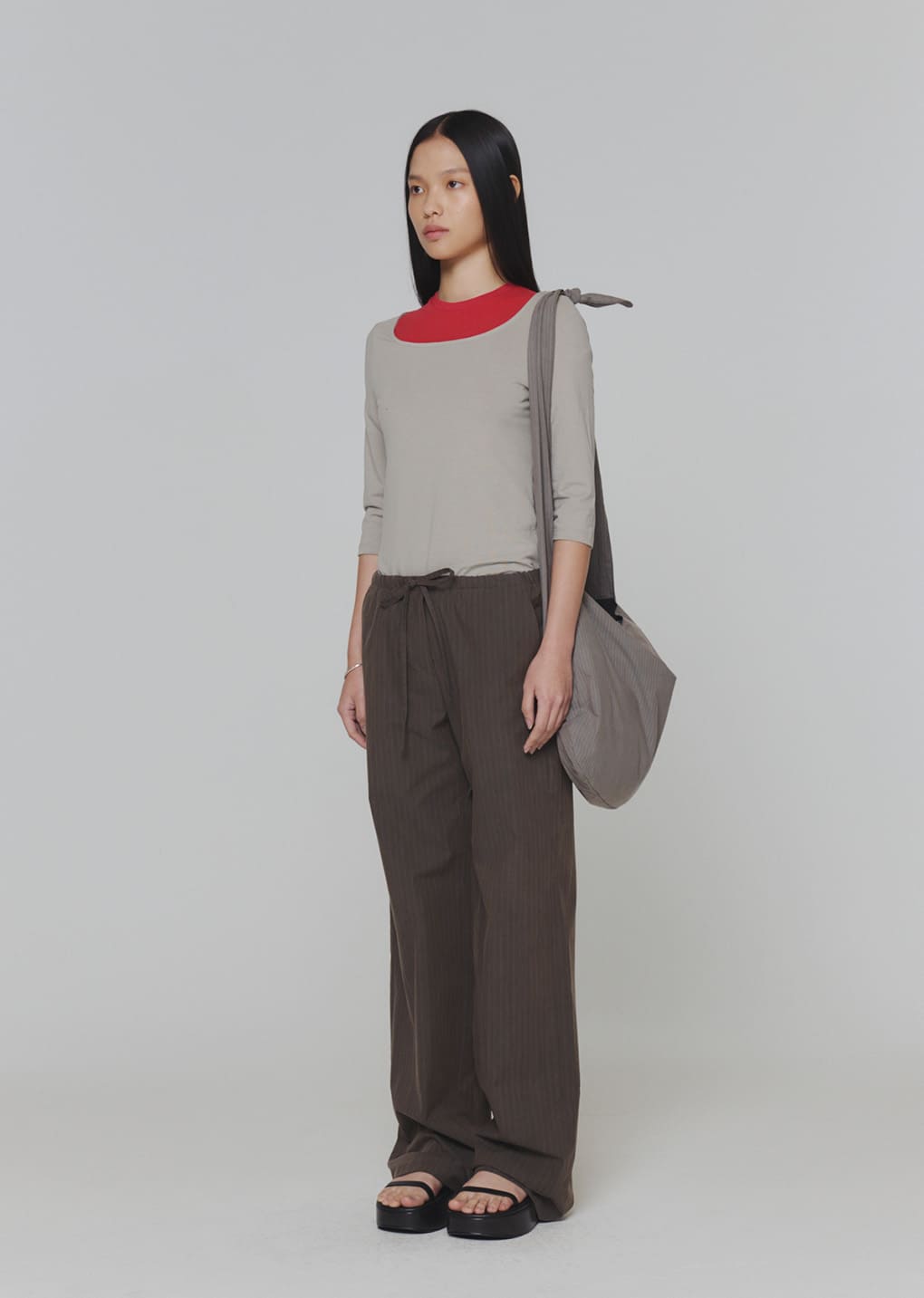 stripe large shoulder bag, grey