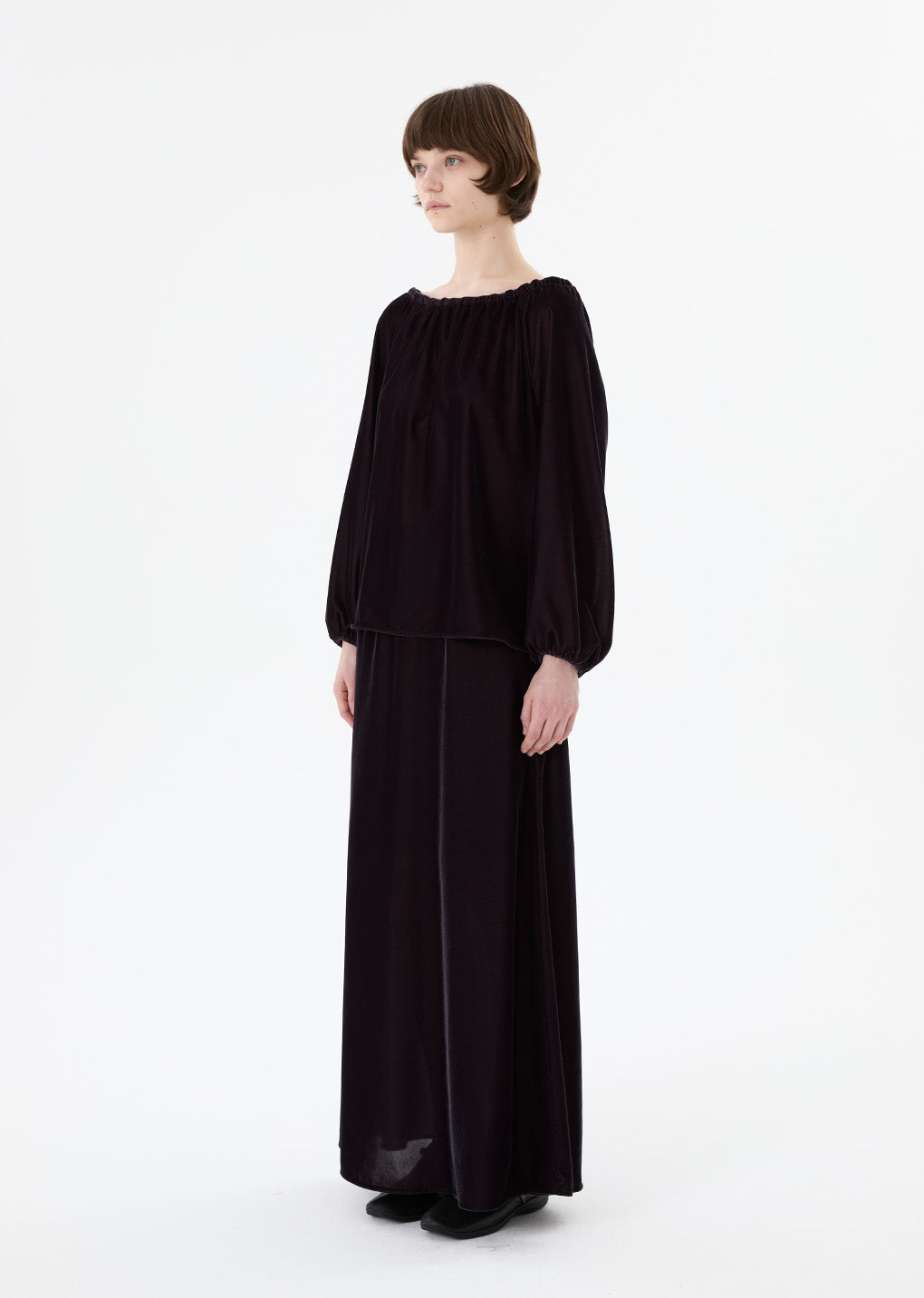 velvet drawstring maxi skirt, brown