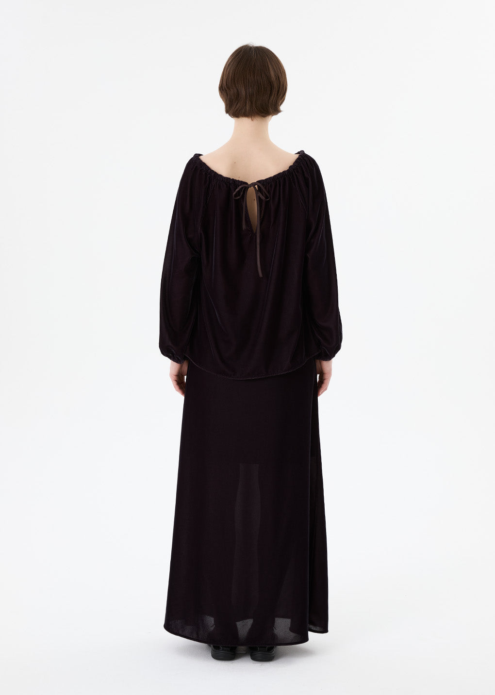 velvet drawstring maxi skirt, brown