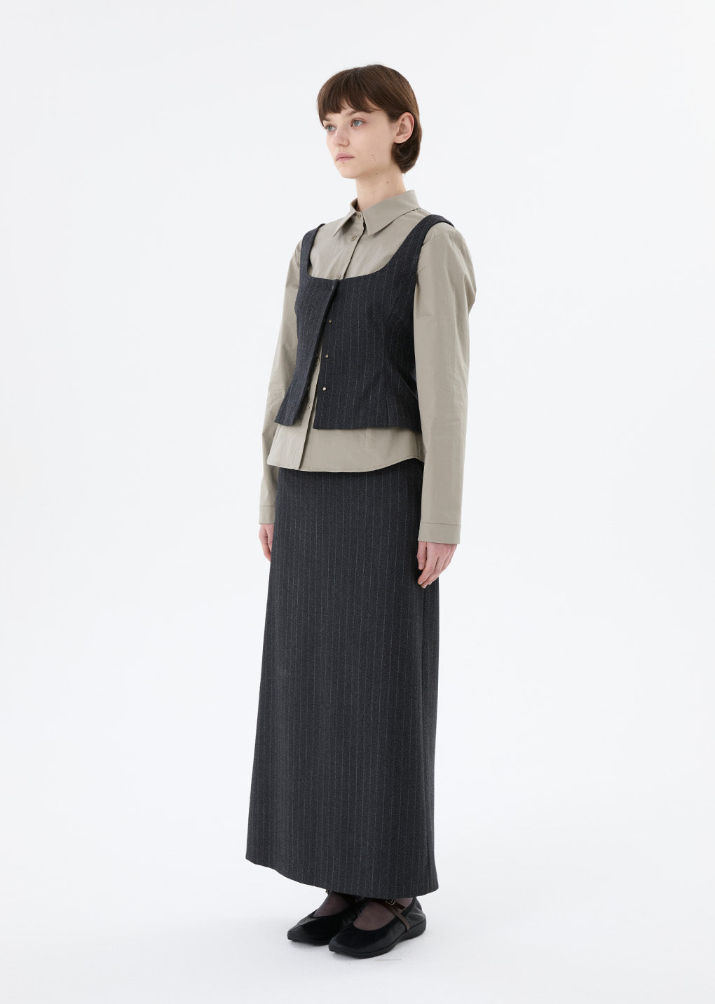 wool snap button down vest, stripe