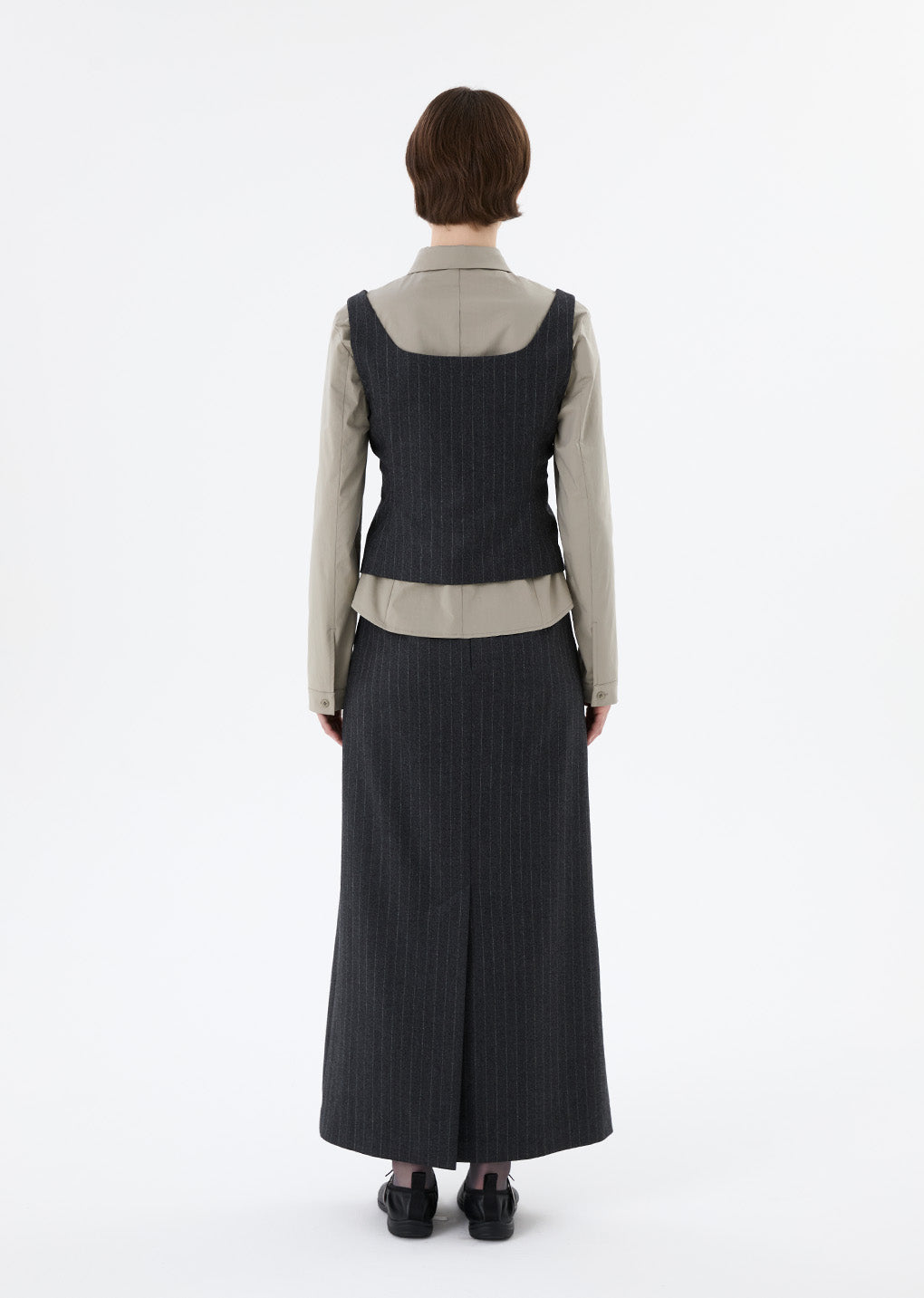wool snap button down vest, stripe