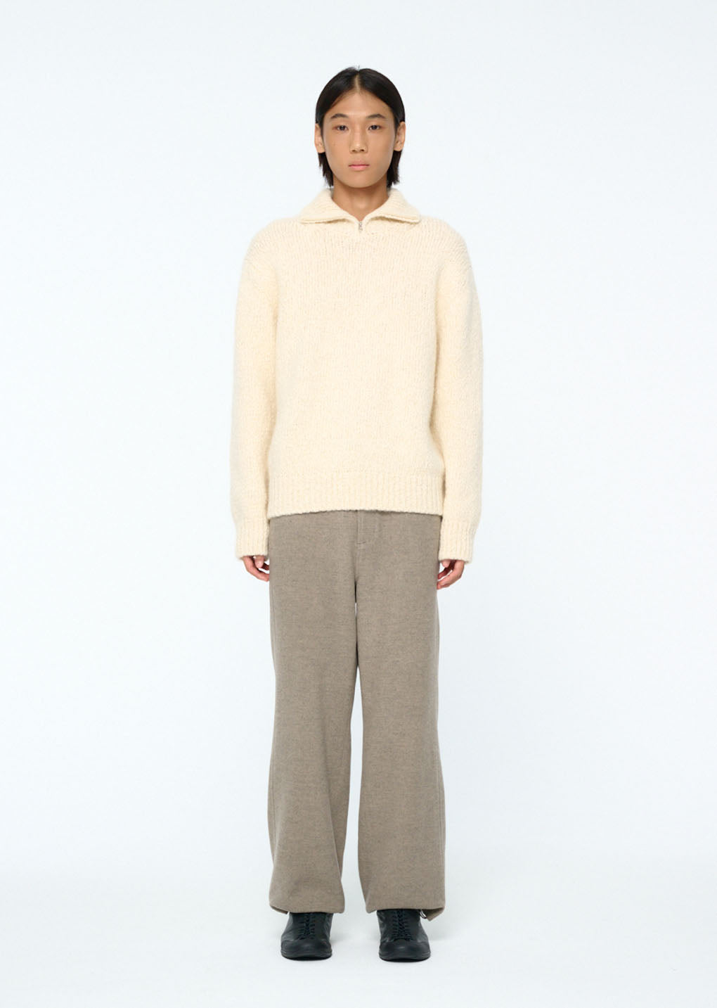hairy slub half zip up knit, ecru hover