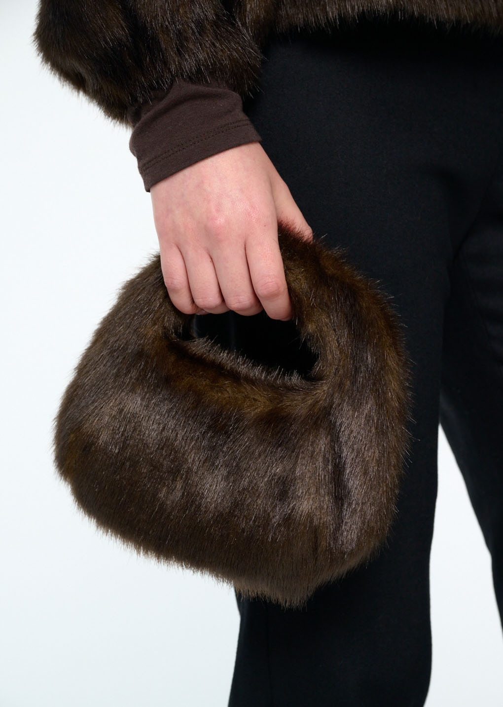 mini fur tote bag, dark brown hover