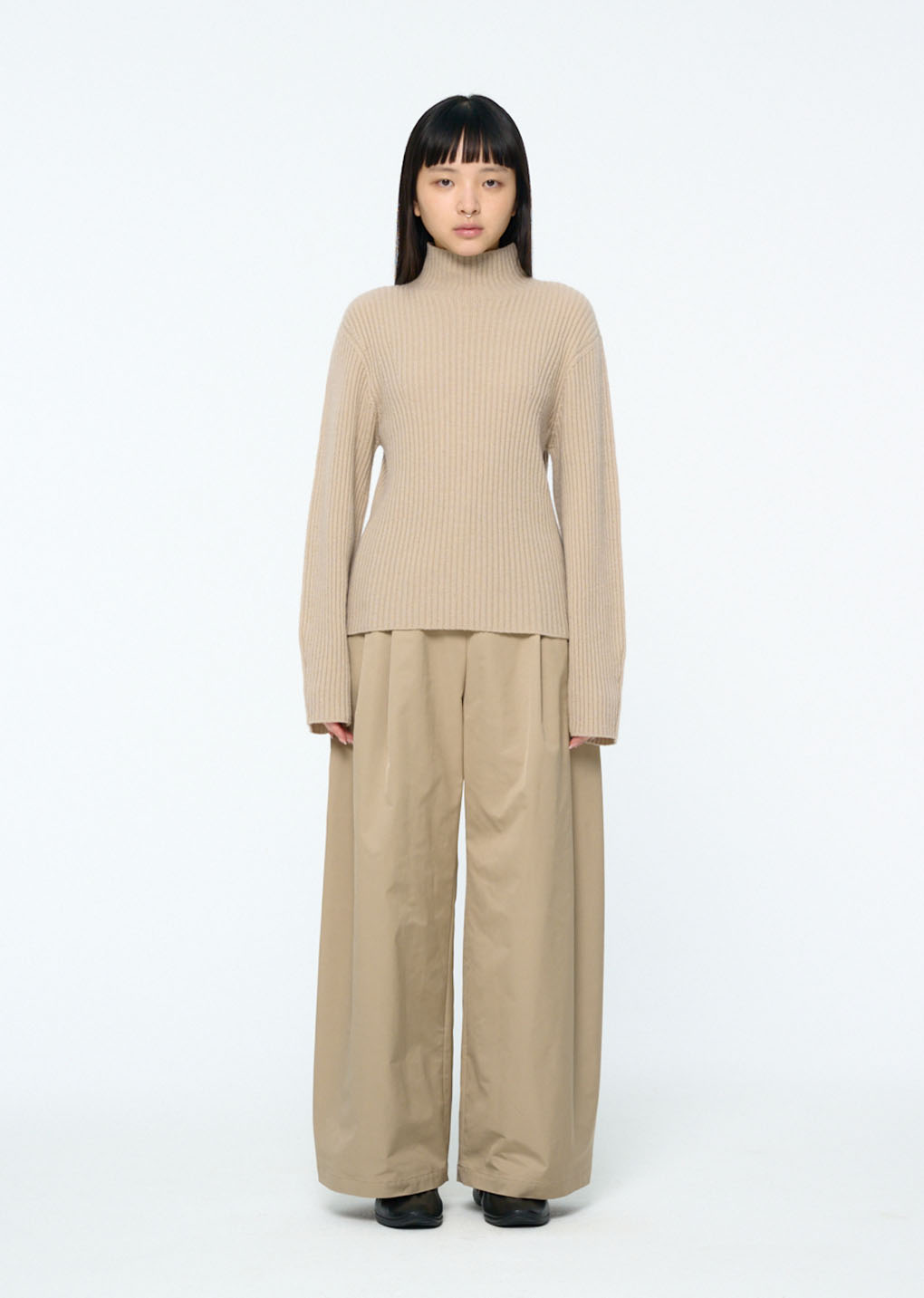 ribbed turtle pullover, beige hover