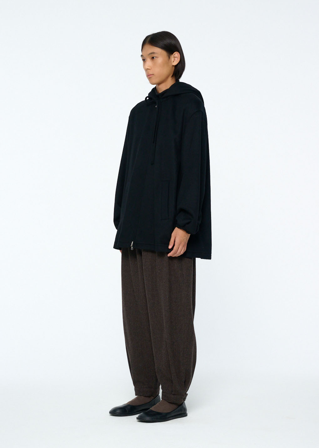 mens wool shirring pants, dark brown