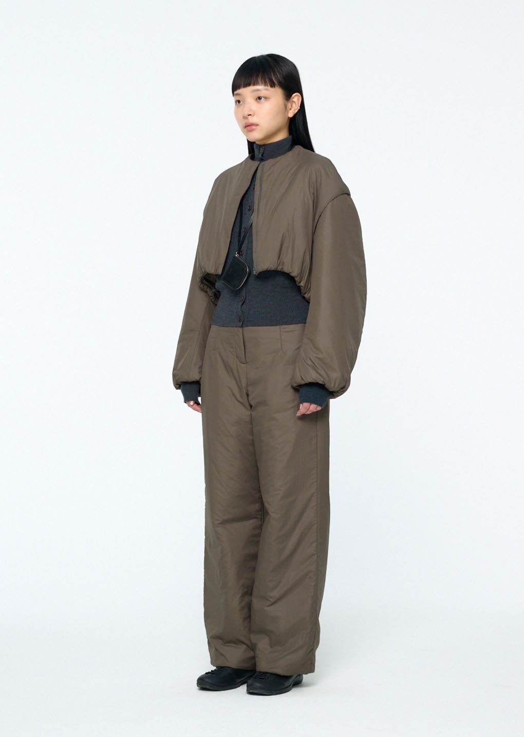 padded nylon crop jumper, brown