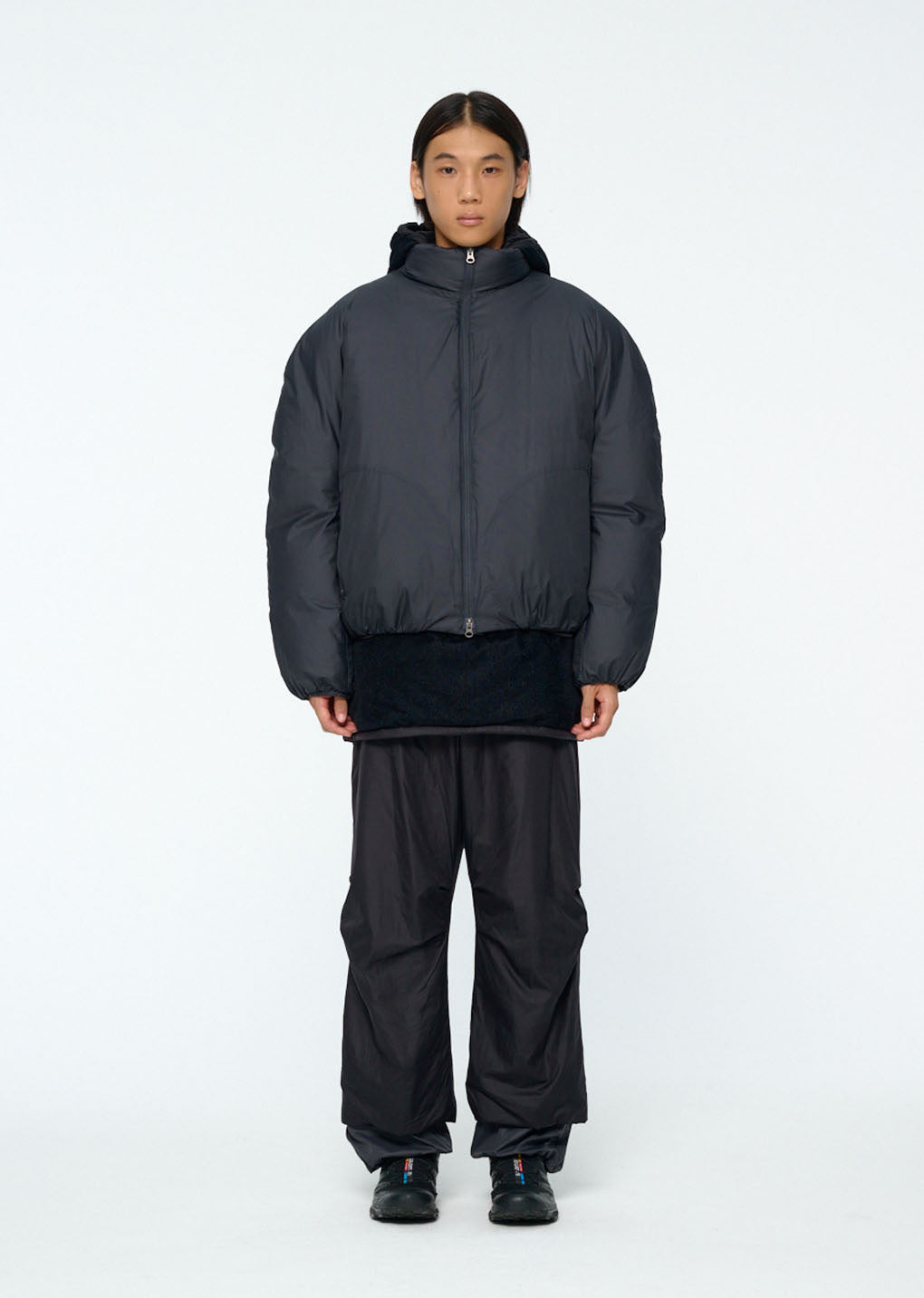 nylon padded straight pants, black