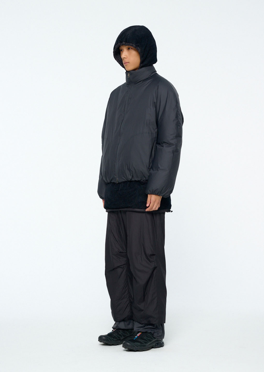 nylon padded straight pants, black