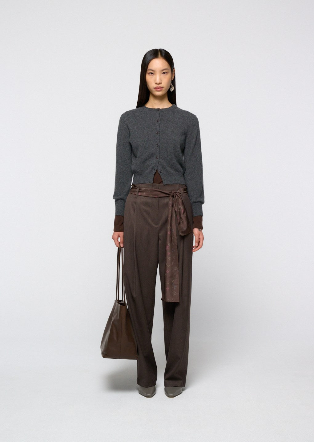 cashmere crewneck cardigan, melange grey